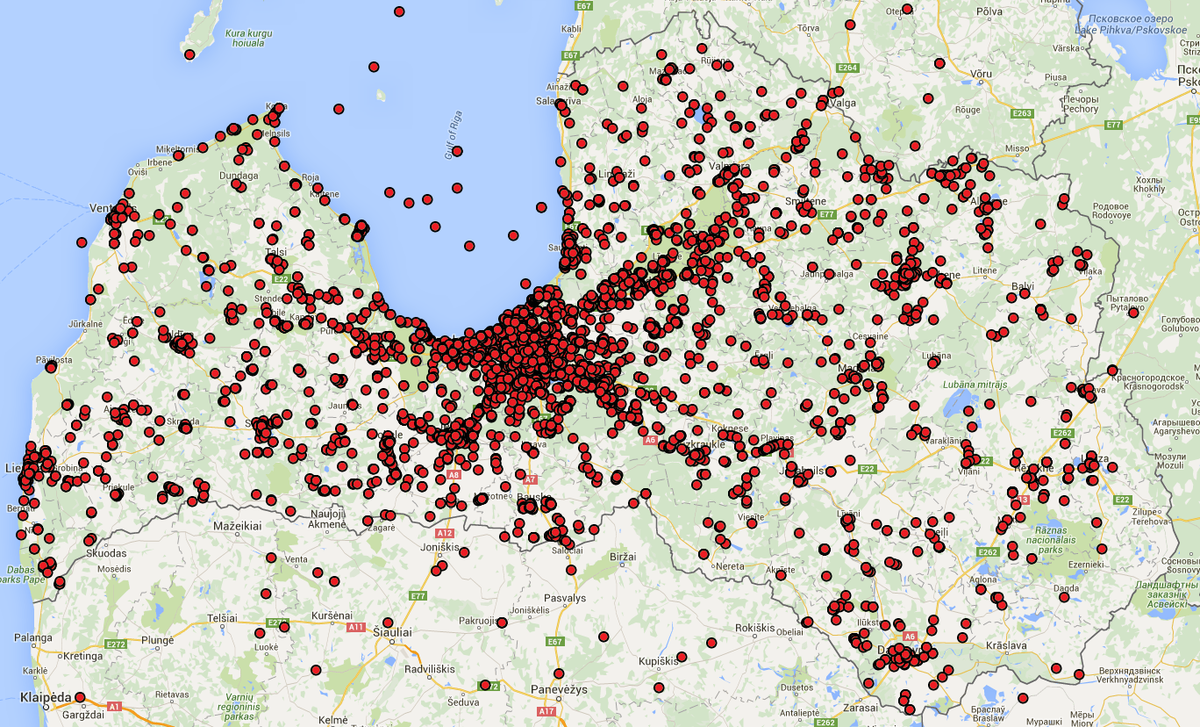 Klikšķu telpiskais sadalījums Latvijas teritorijā